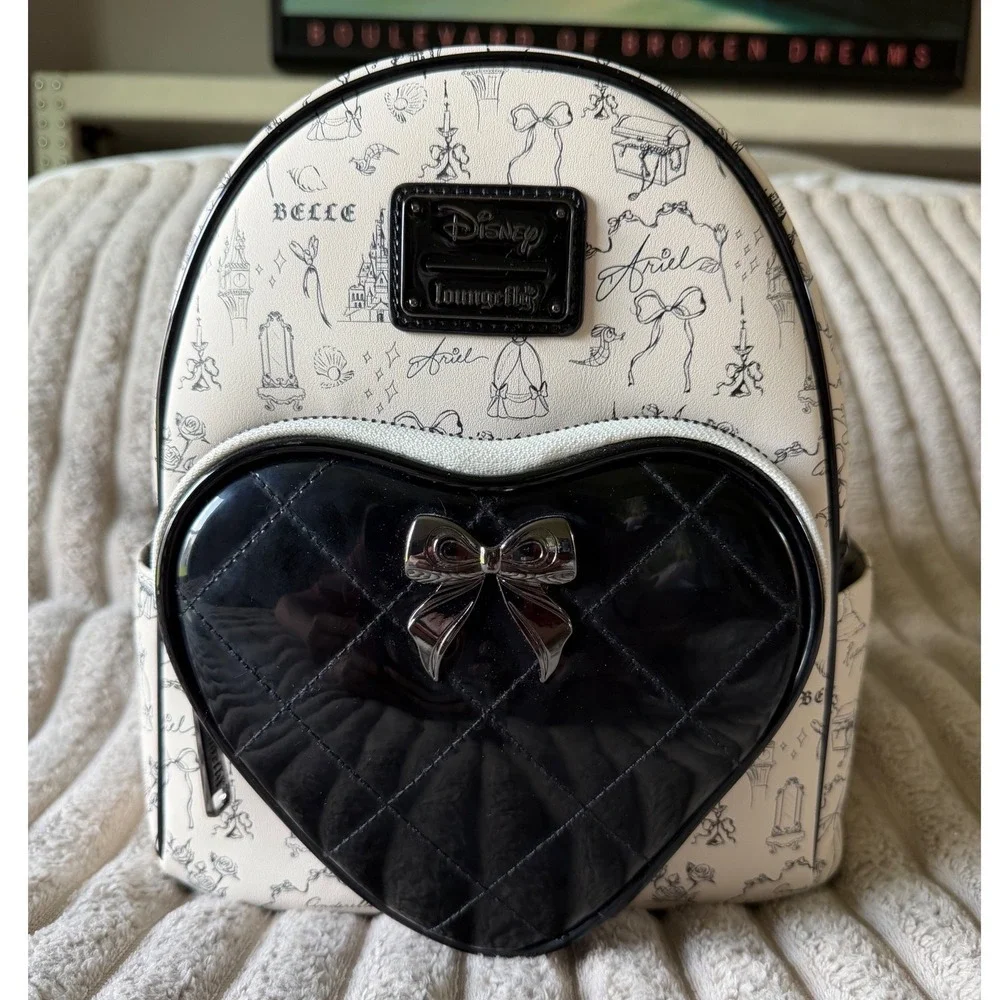 Disney Loungefly Princess Sketchy Mini Backpack Black White Patent Heart NWT